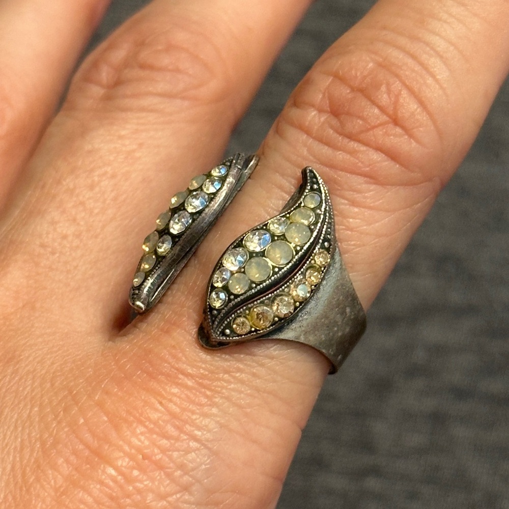 Silver-Tone Opalescent Pavé Crystal Leaf Ring, OS - Picture 3 of 6